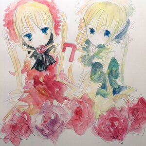 Rating: Safe Score: 0 Tags: 1girl blonde_hair blue_eyes bonnet bow bowtie dress flower frills green_neckwear hat image long_hair long_sleeves looking_at_viewer pink_rose red_flower red_rose rose rose_petals shinku smile solo traditional_media watercolor_(medium) User: admin