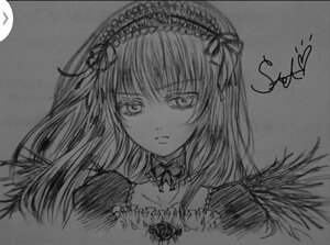 Rating: Safe Score: 0 Tags: 1girl choker closed_mouth detached_collar flower greyscale hairband image letterboxed long_hair looking_at_viewer monochrome ribbon rose simple_background solo suigintou traditional_media upper_body User: admin