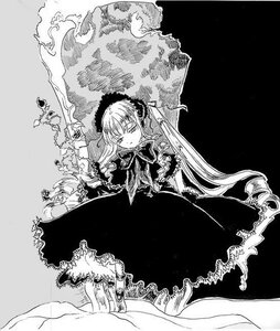 Rating: Safe Score: 0 Tags: 1girl dress frills greyscale image long_hair monochrome shinku solo suigintou very_long_hair wings User: admin