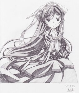 Rating: Safe Score: 0 Tags: 1girl dress frills greyscale image long_hair long_sleeves looking_at_viewer monochrome smile solo suiseiseki traditional_media very_long_hair User: admin