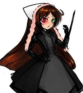 Rating: Safe Score: 0 Tags: 1girl black_dress blush brown_hair dress green_eyes heterochromia image long_hair long_sleeves looking_at_viewer red_eyes simple_background solo suiseiseki very_long_hair white_background User: admin