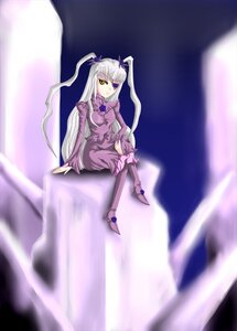 Rating: Safe Score: 0 Tags: 1girl barasuishou blurry dress eyepatch image long_hair long_sleeves silver_hair sitting solo twintails yellow_eyes User: admin