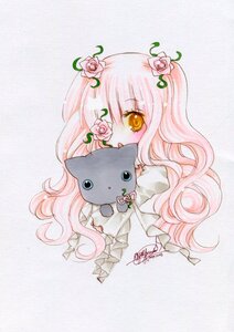 Rating: Safe Score: 0 Tags: 1girl artist_name bangs blush flower hair_ornament image kirakishou long_hair looking_at_viewer pink_flower pink_hair pink_rose rose signature solo stuffed_animal thorns traditional_media yellow_eyes User: admin