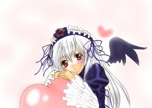 Rating: Safe Score: 0 Tags: 1girl black_wings blush dress flower frills hairband heart image juliet_sleeves long_hair long_sleeves looking_at_viewer puffy_sleeves red_eyes ribbon rose silver_hair smile solo suigintou upper_body wings User: admin