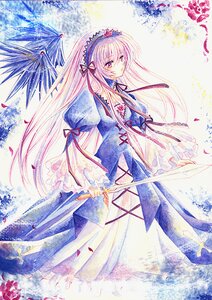 Rating: Safe Score: 0 Tags: 1girl dress flower frills hairband image long_hair long_sleeves looking_at_viewer petals pink_eyes pink_hair ribbon solo suigintou traditional_media umbrella very_long_hair User: admin