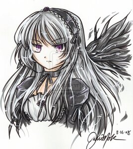 Rating: Safe Score: 0 Tags: 1girl black_ribbon black_wings choker closed_mouth dress flower hairband image lolita_hairband long_hair long_sleeves looking_at_viewer purple_eyes ribbon rose silver_hair simple_background solo suigintou upper_body white_background wings User: admin
