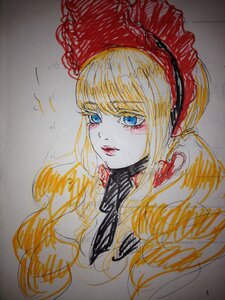 Rating: Safe Score: 0 Tags: 1girl bangs blonde_hair blue_eyes eyelashes image lips looking_at_viewer photo portrait shinku signature simple_background sketch solo traditional_media watercolor_(medium) User: admin