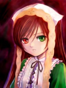 Rating: Safe Score: 0 Tags: 1girl bangs brown_hair dress frills green_eyes head_scarf heterochromia image long_hair long_sleeves looking_at_viewer red_eyes ribbon solo suiseiseki upper_body User: admin