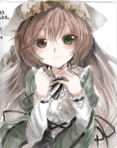 Rating: Safe Score: 0 Tags: 1girl black_ribbon blush brown_hair dress frills green_eyes hat image long_hair long_sleeves looking_at_viewer ribbon solo suiseiseki very_long_hair white_background User: admin