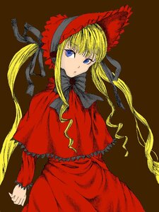 Rating: Safe Score: 0 Tags: 1girl blonde_hair blue_eyes bonnet bow brown_background capelet dress image long_hair long_sleeves looking_at_viewer red_capelet red_dress shinku simple_background solo twintails User: admin