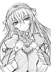 Rating: Safe Score: 0 Tags: 1girl closed_mouth dress eyebrows_visible_through_hair frills greyscale hairband image long_hair long_sleeves looking_at_viewer monochrome simple_background sketch smile solo suigintou upper_body white_background User: admin