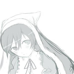 Rating: Safe Score: 0 Tags: 1girl bangs blush closed_mouth dress eyebrows_visible_through_hair frills hair_between_eyes image long_hair long_sleeves looking_at_viewer monochrome neck_ribbon ribbon simple_background sketch smile solo striped suiseiseki upper_body white_background User: admin