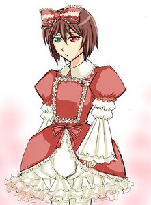 Rating: Safe Score: 0 Tags: bow brown_hair dress frills green_eyes heterochromia image long_sleeves looking_at_viewer pink_bow puffy_sleeves red_eyes short_hair solo souseiseki white_background User: admin