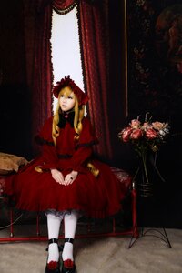 Rating: Safe Score: 0 Tags: 1girl blonde_hair blue_eyes curtains dress flower long_hair nail_polish pantyhose red_dress rose shinku shoes sitting solo white_legwear User: admin