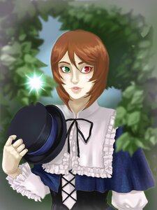 Rating: Safe Score: 0 Tags: 1girl auto_tagged blurry brown_hair corset depth_of_field frills green_eyes hat hat_removed headwear_removed heterochromia holding_clothes holding_hat image lips looking_at_viewer plant red_eyes ribbon short_hair solo souseiseki suiseiseki upper_body User: admin
