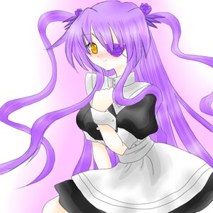 Rating: Safe Score: 0 Tags: 1girl barasuishou blush dress eyepatch hair_ornament image long_hair puffy_sleeves purple_hair smile solo striped yellow_eyes User: admin