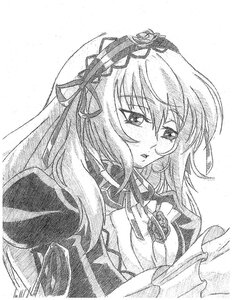 Rating: Safe Score: 0 Tags: 1girl blush eyebrows_visible_through_hair flower graphite_(medium) greyscale hair_between_eyes hair_ribbon image long_hair looking_at_viewer monochrome ribbon solo suigintou traditional_media upper_body white_background User: admin