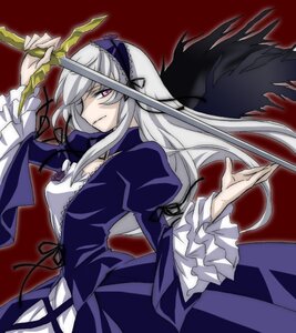 Rating: Safe Score: 0 Tags: 1girl black_wings dress flower frilled_sleeves frills hairband holding_weapon image juliet_sleeves lolita_hairband long_hair long_sleeves puffy_sleeves red_background silver_hair simple_background solo suigintou weapon wings User: admin