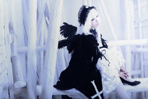 Rating: Safe Score: 0 Tags: 1girl black_footwear black_wings closed_mouth dress feathers frills high_heels lolita_hairband long_hair long_sleeves outdoors profile solo standing suigintou white_hair wings User: admin