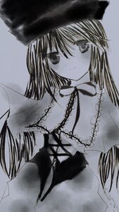 Rating: Safe Score: 0 Tags: 1girl blush capelet costume_switch dress eyebrows_visible_through_hair greyscale hat image long_hair long_sleeves looking_at_viewer monochrome simple_background solo traditional_media upper_body User: admin