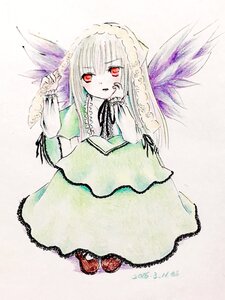 Rating: Safe Score: 0 Tags: 1girl bangs costume_switch dress frills green_dress image long_hair long_sleeves looking_at_viewer red_eyes simple_background solo suigintou wings User: admin