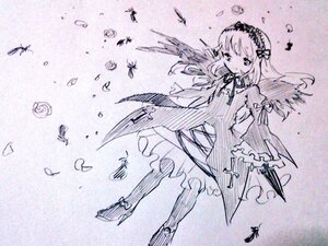 Rating: Safe Score: 0 Tags: 1girl bug butterfly dress eighth_note feathers hairband image insect long_hair long_sleeves monochrome musical_note saigyouji_yuyuko solo suigintou traditional_media wide_sleeves User: admin