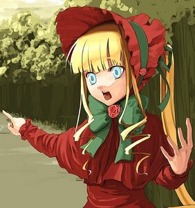 Rating: Safe Score: 0 Tags: 1girl bangs blonde_hair blue_eyes bonnet bow bowtie dress flower green_bow image long_hair long_sleeves looking_at_viewer open_mouth pink_rose pointing red_dress red_flower red_rose rose shinku sidelocks solo twintails upper_body User: admin