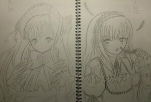 Rating: Safe Score: 0 Tags: 2girls dress flower hairband image long_hair long_sleeves looking_at_viewer monochrome multiple_girls pair rose shinku suigintou traditional_media User: admin