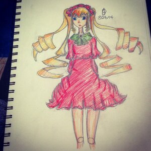 Rating: Safe Score: 0 Tags: 1girl blonde_hair blue_eyes bonnet bow bowtie dress drill_hair full_body green_bow green_neckwear image long_hair long_sleeves looking_at_viewer marker_(medium) photo red_dress shinku solo standing traditional_media twin_drills twintails User: admin