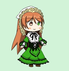 Rating: Safe Score: 0 Tags: 1girl brown_hair chibi dress frills full_body green_dress green_eyes head_scarf heterochromia image lolita_fashion long_hair long_sleeves red_eyes ribbon simple_background smile solo standing suiseiseki User: admin