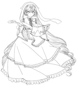 Rating: Safe Score: 0 Tags: 1girl dress frills full_body holding image long_hair long_sleeves looking_at_viewer monochrome ribbon simple_background solo suiseiseki very_long_hair white_background User: admin