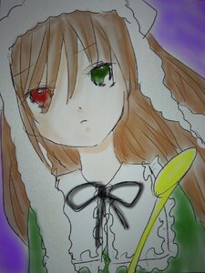 Rating: Safe Score: 0 Tags: 1girl bangs closed_mouth expressionless eyebrows_visible_through_hair frills green_eyes heterochromia image long_hair long_sleeves looking_at_viewer neck_ribbon red_eyes simple_background solo suiseiseki traditional_media upper_body User: admin