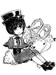 Rating: Safe Score: 0 Tags: 1girl auto_tagged bangs blush boots capelet greyscale hat image monochrome short_hair sitting smile solo souseiseki User: admin