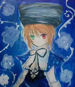 Rating: Safe Score: 0 Tags: 1girl bangs black_ribbon blue_background brown_hair closed_mouth dress expressionless flower frills green_eyes hariruri hat heterochromia image long_sleeves looking_at_viewer red_eyes ribbon rose short_hair solo souseiseki suiseiseki traditional_media upper_body watercolor_(medium) User: admin