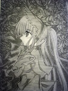 Rating: Safe Score: 0 Tags: 1girl blush flower frills greyscale hairband image leaf long_hair long_sleeves monochrome plant profile rose shinku solo thorns upper_body vines User: admin