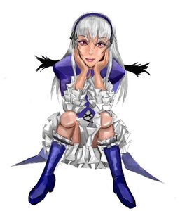 Rating: Safe Score: 0 Tags: 1girl black_wings boots doll_joints dress frilled_sleeves frills full_body hairband image knee_boots long_hair long_sleeves looking_at_viewer pink_eyes silver_hair sitting smile solo suigintou white_background wings User: admin