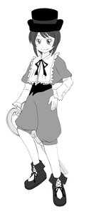 Rating: Safe Score: 0 Tags: capelet frills full_body greyscale hat image long_sleeves monochrome ribbon short_hair shorts smile solo souseiseki standing striped top_hat User: admin