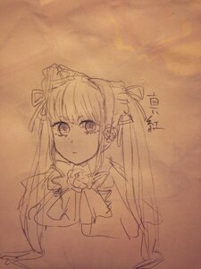 Rating: Safe Score: 0 Tags: 1girl bangs brown_background closed_mouth eyebrows_visible_through_hair flower hair_ribbon image long_hair looking_at_viewer monochrome ribbon shinku solo traditional_media upper_body User: admin