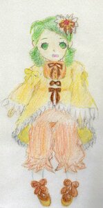 Rating: Safe Score: 0 Tags: 1girl dress full_body green_eyes green_hair image kanaria long_sleeves open_mouth ribbon short_hair solo traditional_media watercolor_(medium) yellow_dress User: admin