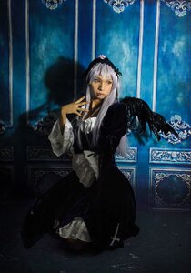 Rating: Safe Score: 0 Tags: 1girl black_dress dress flower gothic indoors long_hair long_sleeves rose silver_hair solo standing suigintou wide_sleeves window User: admin