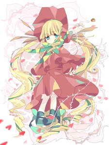 Rating: Safe Score: 0 Tags: 1girl blonde_hair blue_eyes bonnet bow bowtie capelet dress flower full_body image long_hair long_sleeves looking_at_viewer pantyhose petals red_dress rose shinku shoes solo striped twintails very_long_hair User: admin