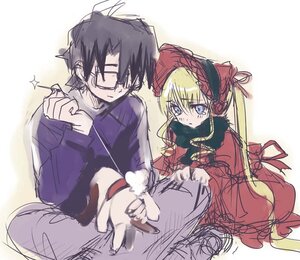 Rating: Safe Score: 0 Tags: 1boy 1girl black_hair blonde_hair blue_eyes bonnet bow dress glasses image long_sleeves red_dress shinku sketch solo sparkle User: admin