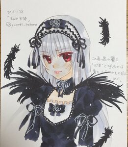 Rating: Safe Score: 0 Tags: 1girl black_dress black_feathers black_ribbon black_wings closed_mouth dated detached_collar dress feather feathers flower frills hairband image long_hair long_sleeves looking_at_viewer red_eyes ribbon rose silver_hair simple_background smile solo suigintou traditional_media wings User: admin
