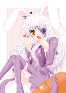 Rating: Safe Score: 0 Tags: 1girl :d animal_ears barasuishou blush bunny_ears dress eyepatch heart image long_hair long_sleeves open_mouth paw_pose purple_legwear sitting smile solo striped striped_background tail thighhighs vertical_stripes white_hair yellow_eyes User: admin