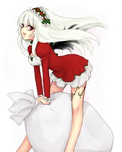 Rating: Safe Score: 0 Tags: 1girl breasts christmas dress flower hairband image long_hair long_sleeves red_eyes solo striped suigintou tattoo vertical_stripes white_hair User: admin