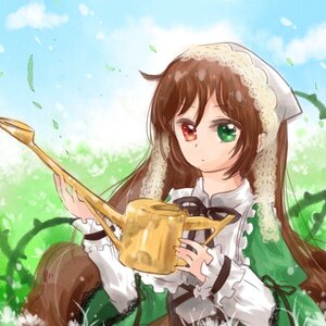 Rating: Safe Score: 0 Tags: 1girl brown_hair day dress flower frills green_dress green_eyes head_scarf heterochromia holding image instrument long_hair long_sleeves outdoors red_eyes ribbon sky solo suiseiseki very_long_hair watering_can User: admin