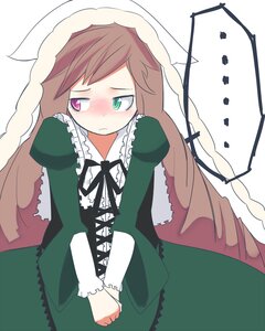 Rating: Safe Score: 0 Tags: 1girl blush brown_hair dress frills green_dress green_eyes heterochromia image long_hair long_sleeves red_eyes simple_background solo suiseiseki very_long_hair white_background User: admin