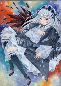 Rating: Safe Score: 0 Tags: 1girl black_ribbon black_wings dress feathers flower frilled_sleeves frills gothic_lolita hairband image lolita_fashion long_hair long_sleeves looking_at_viewer red_eyes ribbon rose silver_hair solo suigintou traditional_media watercolor_(medium) wings User: admin