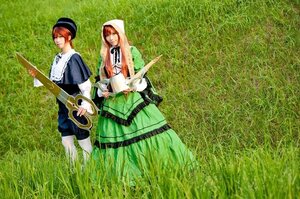 Rating: Safe Score: 0 Tags: apron blue_dress brown_hair closed_eyes dress grass hat head_scarf multiple_cosplay multiple_girls outdoors short_hair siblings smile souseiseki suiseiseki tagme User: admin