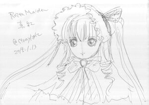 Rating: Safe Score: 0 Tags: 1girl bow bowtie dress drill_hair image long_hair looking_at_viewer monochrome shinku simple_background solo traditional_media twin_drills upper_body white_background User: admin